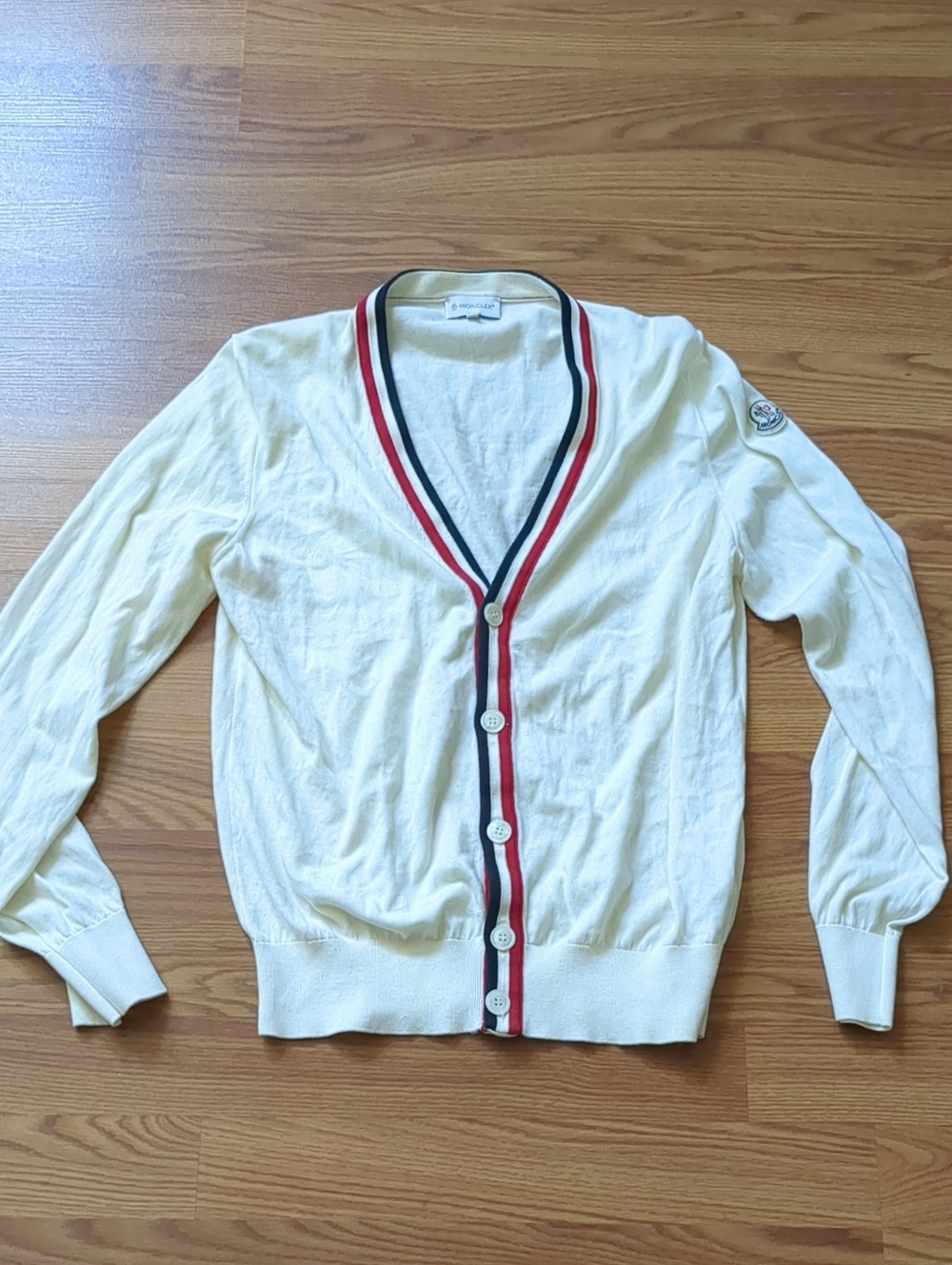 Authentic Moncler Maglia Tricolor Striped Trim V-Neck Knit Cardigan